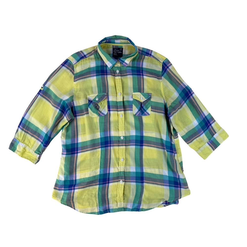 American‎ Eagle XL Preppy Plaid Button Down Cotton Shirt Roll Tab